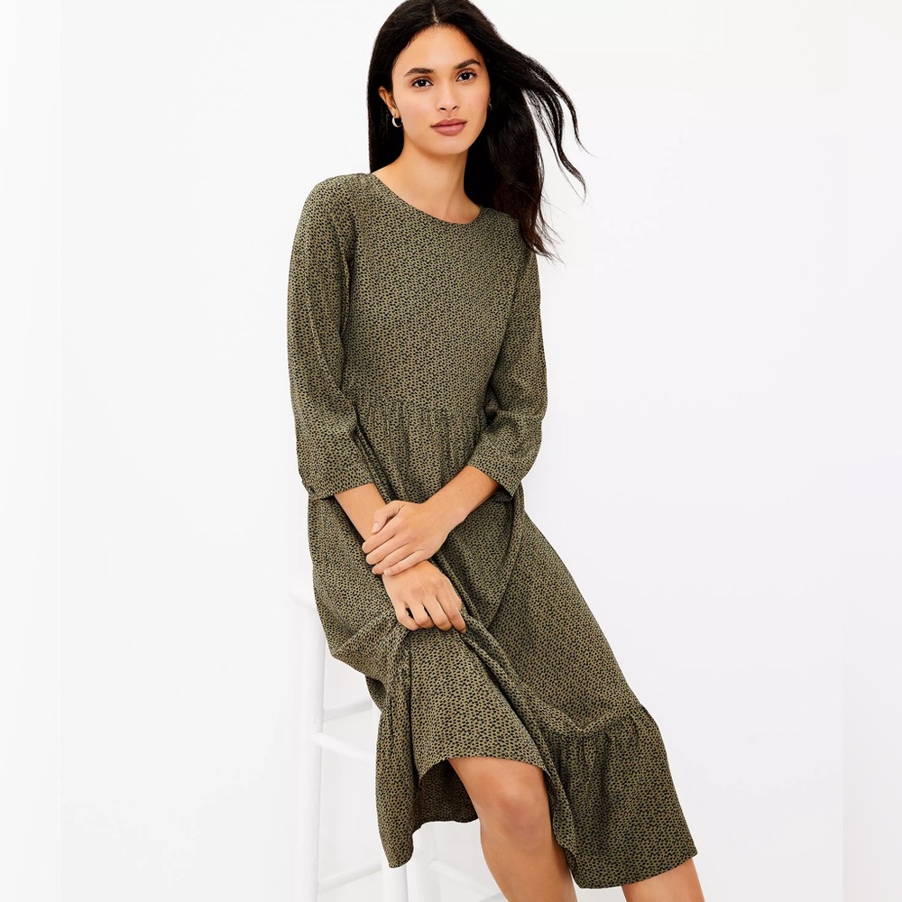 LOFT Olive Midi Dress with Ruffle Hem and 3/4 Sleeves, Medium - Picture 2 of 12